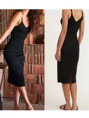 Marine Layer Black Lexi Rib V-Neck Spaghetti Strap Midi Dress